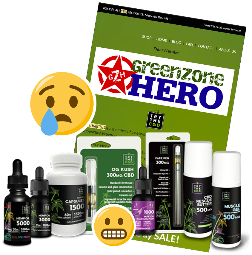 TryTheCBD before the redesign: inconsistent packaging and an off-brand promotional email
