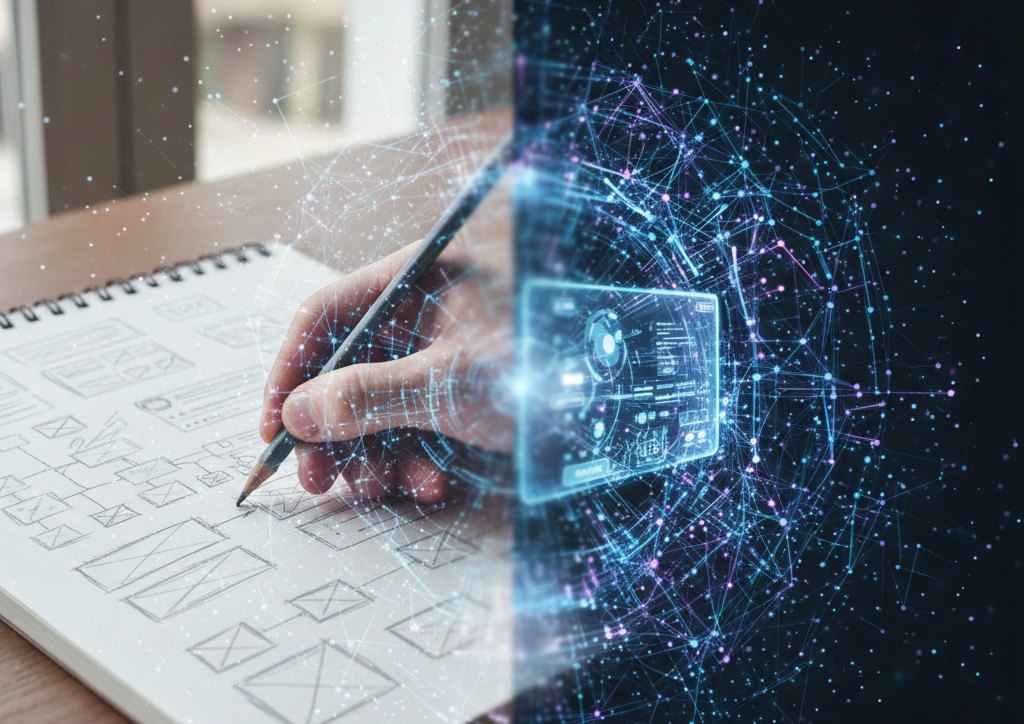 A hand sketching wireframes on paper, dissolving into a digital network — made with Google Gemini in under a minute